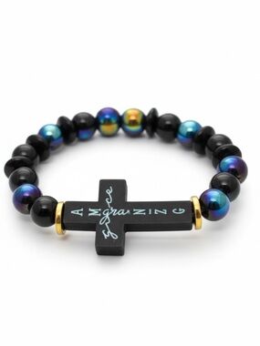 Handcrafted Cross Bead Stretch Bracelet with Black & Iridescent Beads